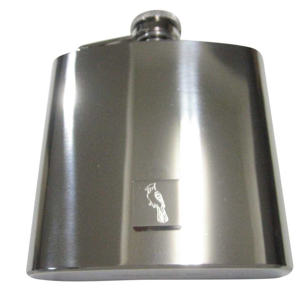 Silver Toned Square Etched Blue Jay Bird 6oz Flask